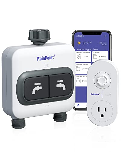 RAINPOINT WiFi Water Timer for Garden Hose - 6 Separate Plan, Watering by Gallon and Time, Irrigation & Mist Mode, Easy to Use - 2 Zone Smart Weather WiFi Sprinkler Timer for Lawn,& Yard Care