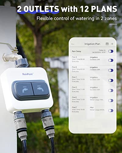 RAINPOINT WiFi Water Timer for Garden Hose - 6 Separate Plan, Watering by Gallon and Time, Irrigation & Mist Mode, Easy to Use - 2 Zone Smart Weather WiFi Sprinkler Timer for Lawn,& Yard Care