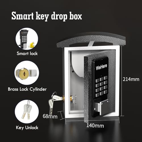 WeHere Key Lock Box Wall Mount with Key Drop Slot, Smart LockBox, OTP/APP Bluetooth/Wi-Fi/Fixed Code/Key Unlock, Key Safe Security Storage for House Outside, Realty Business, Apartment, Store, Car