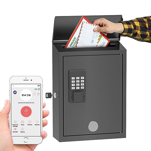 WeHere Mailbox with Electronic Lock, Wall Mount Locking Postbox for House, One Time Code/Permanent code/Spare Key Unlock, Large Capacity for Collect Letters, Key Drop Box, Black, Waterproof, 14x4x10in