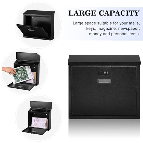 xydled Mail Boxes with Combination Lock,Locking Mailbox Wall Mounted,Security Metal Mailbox Drop Box, Modern Large Capacity,Steel Cover Metal Postbox for House Home Outside, Black, 14.2''x12.6''x4''