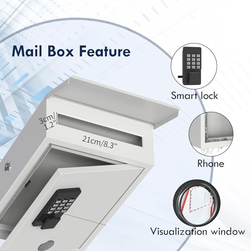 DiDiHere Mailbox with Electronic Lock, Wall Mount Locking Postbox for House, One Time Code/Permanent Code/Spare Key Unlock, Large Capacity for Collect Letter, Key Drop Box, White,Waterproof, 14x4x10in