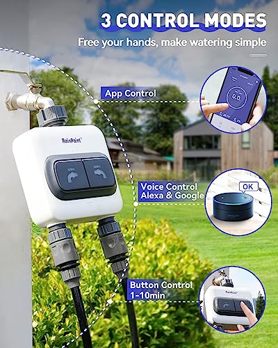RAINPOINT WiFi Water Timer for Garden Hose - 6 Separate Plan, Watering by Gallon and Time, Irrigation & Mist Mode, Easy to Use - 2 Zone Smart Weather WiFi Sprinkler Timer for Lawn,& Yard Care