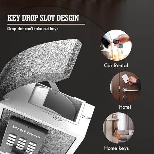 WeHere Key Lock Box Wall Mount with Key Drop Slot, Smart LockBox, OTP/APP Bluetooth/Wi-Fi/Fixed Code/Key Unlock, Key Safe Security Storage for House Outside, Realty Business, Apartment, Store, Car