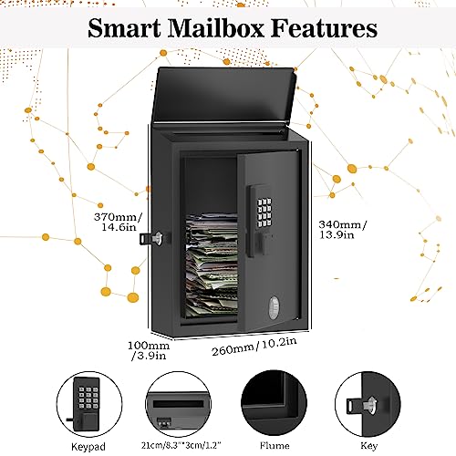 Mailbox with Electronic Lock, Wall Mount Locking Postbox for House, OTP/APP Bluetooth/Wi-Fi/Fixed Code/Key Unlock, Large Capacity for Collect Letters, Key Drop Box, Black, Waterproof, 14x4x10in