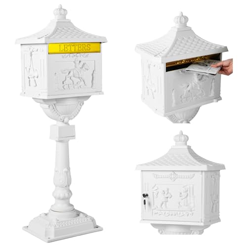 Goplus Cast Aluminum Mailbox with Post, Heavy Duty Postal Mail Box w/ 2 Keys & Baffle Door, 4 Expansion Bolts, Address Panel, Large Locking Security Mailboxes for Outside House Post Mount (White)