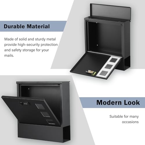 xydled Mailbox with Combination Lock,Large Capacity Wall Mounted Locking Security Mailbox,Large Mail Box with Newspaper Compartment, Black,12.8x11.8x3.3 Inch