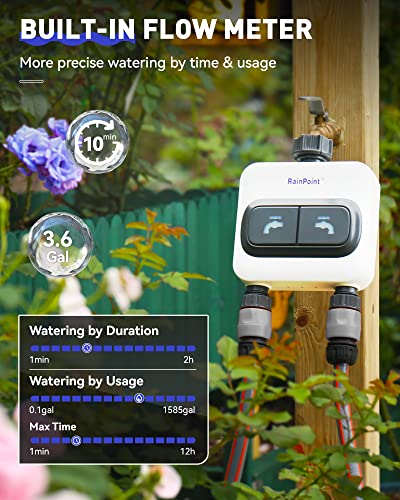 RAINPOINT WiFi Water Timer for Garden Hose - 6 Separate Plan, Watering by Gallon and Time, Irrigation & Mist Mode, Easy to Use - 2 Zone Smart Weather WiFi Sprinkler Timer for Lawn,& Yard Care