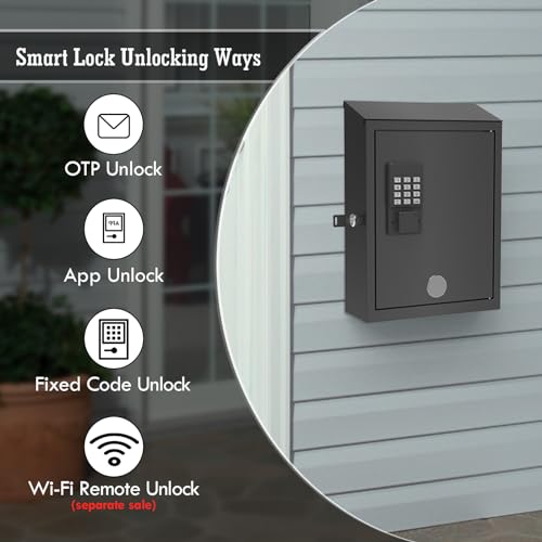 Mailbox with Electronic Lock, Wall Mount Locking Postbox for House, OTP/APP Bluetooth/Wi-Fi/Fixed Code/Key Unlock, Large Capacity for Collect Letters, Key Drop Box, Black, Waterproof, 14x4x10in