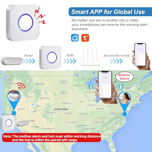 WiFi Mailbox Alert, Tuya Smart Mailbox Chime, 800ft Wireless Mailbox Alarm Outside Weatherproof with LED Light Flashing, Sound and Phone Reminders (only Supports 2.4GHz Wi-Fi)