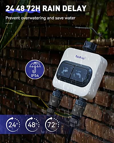 RAINPOINT WiFi Water Timer for Garden Hose - 6 Separate Plan, Watering by Gallon and Time, Irrigation & Mist Mode, Easy to Use - 2 Zone Smart Weather WiFi Sprinkler Timer for Lawn,& Yard Care