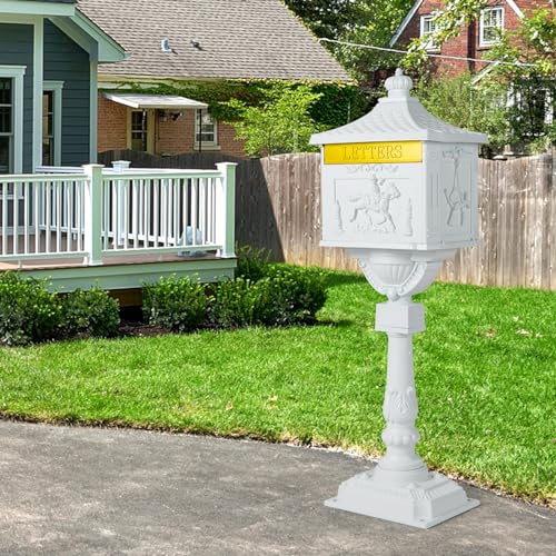 Goplus Cast Aluminum Mailbox with Post, Heavy Duty Postal Mail Box w/ 2 Keys & Baffle Door, 4 Expansion Bolts, Address Panel, Large Locking Security Mailboxes for Outside House Post Mount (White)