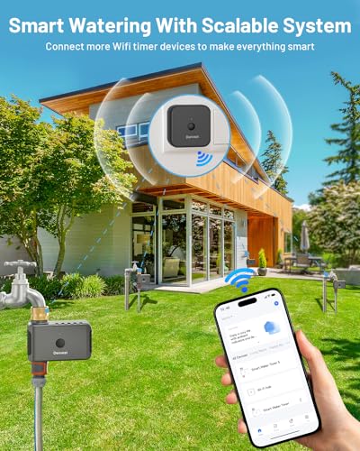 WiFi Sprinkler Timer with Brass Inlet & Outlet, WiFi Water Timer for Garden Hose, Hose Timer with WiFi Hub, APP & Voice Control, Smart Watering Timer for Lawns and Yard Compatible with Alexa Google