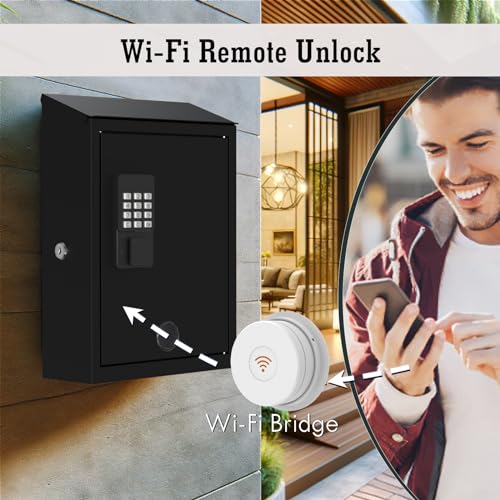 Mailbox with Electronic Lock, Wall Mount Locking Postbox for House, OTP/APP Bluetooth/Wi-Fi/Fixed Code/Key Unlock, Large Capacity for Collect Letters, Key Drop Box, Black, Waterproof, 14x4x10in