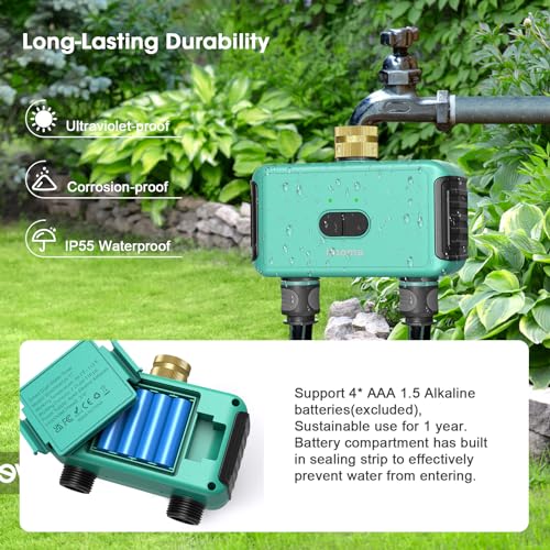 WiFi Water Timer, Smart Sprinkler Timer for Garden Hose Faucet, Programmable Watering Irrigation 2 Outlet Timer with Brass Swivel, APP Control Garden System for Lawns and Yard Compatible with Alexa