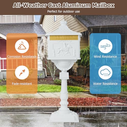 Goplus Cast Aluminum Mailbox with Post, Heavy Duty Postal Mail Box w/ 2 Keys & Baffle Door, 4 Expansion Bolts, Address Panel, Large Locking Security Mailboxes for Outside House Post Mount (White)