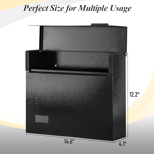 xydled Mailbox Wall Mount Mailboxes for outside, Large Capacity Steel Hanging Metal Mailbox, Modern Post Box, Black,14.6''x12.2''x4.1''