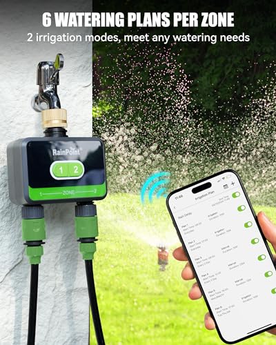 RainPoint WiFi Water Timer for Garden Hose with Brass Inlet, 2-Zone Smart Sprinkler Timer, Hose Timer WiFi Irrigation Controller, Automatic Watering System for Lawns and Yard