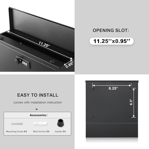 xydled Mailbox with Combination Lock,Large Capacity Wall Mounted Locking Security Mailbox,Large Mail Box with Newspaper Compartment, Black,12.8x11.8x3.3 Inch