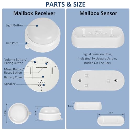 Mailbox Alarm for Delivered Mail - 800ft Wireless Smart Mailbox Alarm with Led Light and Adjustable Sound Reminders, Mailbox Alert Wireless, Mailboxes for Outside (2nd Gen)