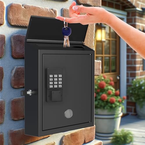 Mailbox with Electronic Lock, Wall Mount Locking Postbox for House, OTP/APP Bluetooth/Wi-Fi/Fixed Code/Key Unlock, Large Capacity for Collect Letters, Key Drop Box, Black, Waterproof, 14x4x10in