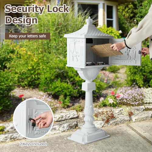 Goplus Cast Aluminum Mailbox with Post, Heavy Duty Postal Mail Box w/ 2 Keys & Baffle Door, 4 Expansion Bolts, Address Panel, Large Locking Security Mailboxes for Outside House Post Mount (White)