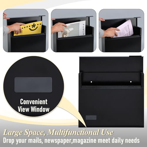 xydled Mailbox Wall Mount Mailboxes for outside, Large Capacity Steel Hanging Metal Mailbox, Modern Post Box, Black,14.6''x12.2''x4.1''