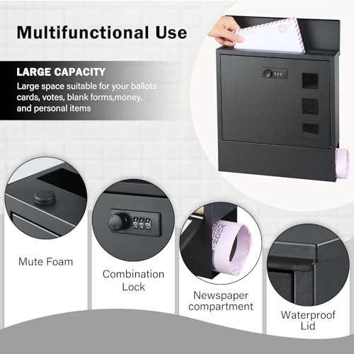 xydled Mailbox with Combination Lock,Large Capacity Wall Mounted Locking Security Mailbox,Large Mail Box with Newspaper Compartment, Black,12.8x11.8x3.3 Inch