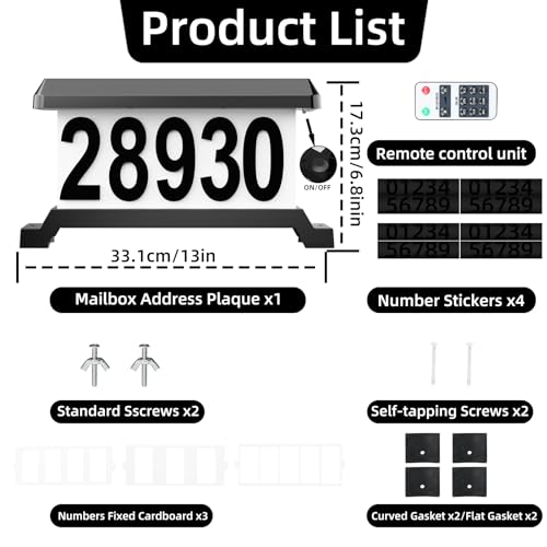 Solar Mailbox Numbers, Solar Mailbox Light Belt With Remote Control, Double Side Illuminated Design Address Numbers for Mailbox LED Acrylics 9 Color Lighting Modes