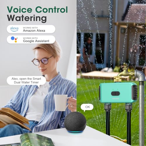 WiFi Water Timer, Smart Sprinkler Timer for Garden Hose Faucet, Programmable Watering Irrigation 2 Outlet Timer with Brass Swivel, APP Control Garden System for Lawns and Yard Compatible with Alexa