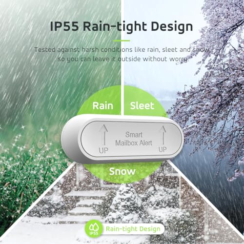 WiFi Mailbox Alert, Tuya Smart Mailbox Chime, 800ft Wireless Mailbox Alarm Outside Weatherproof with LED Light Flashing, Sound and Phone Reminders (only Supports 2.4GHz Wi-Fi)