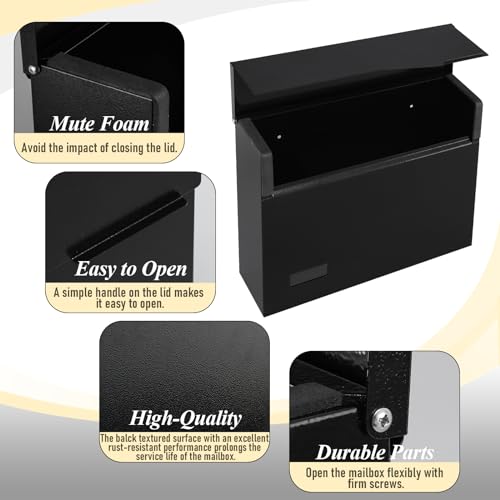 xydled Mailbox Wall Mount Mailboxes for outside, Large Capacity Steel Hanging Metal Mailbox, Modern Post Box, Black,14.6''x12.2''x4.1''