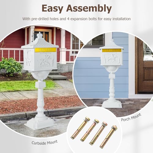 Goplus Cast Aluminum Mailbox with Post, Heavy Duty Postal Mail Box w/ 2 Keys & Baffle Door, 4 Expansion Bolts, Address Panel, Large Locking Security Mailboxes for Outside House Post Mount (White)
