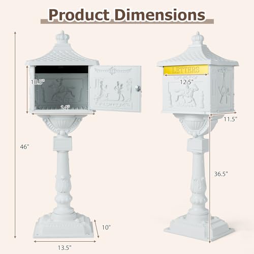 Goplus Cast Aluminum Mailbox with Post, Heavy Duty Postal Mail Box w/ 2 Keys & Baffle Door, 4 Expansion Bolts, Address Panel, Large Locking Security Mailboxes for Outside House Post Mount (White)