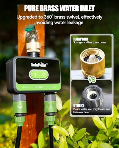 RainPoint WiFi Water Timer for Garden Hose with Brass Inlet, 2-Zone Smart Sprinkler Timer, Hose Timer WiFi Irrigation Controller, Automatic Watering System for Lawns and Yard