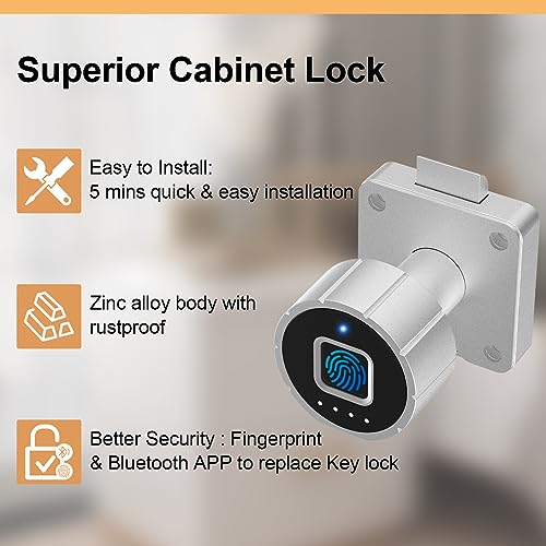 Fingerprint Cabinet Drawer Lock, Biometric Keyless Fingerprint-Bluetooth Lock Smart Safety Hidden Cabinet Lock for File Mailbox Office Furniture - 22mm
