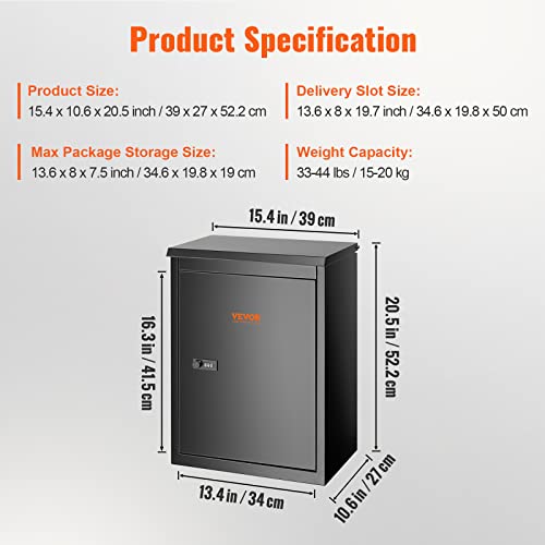 VEVOR Parcel Drop Boxes for Outside 15.4" x 10.6" x 20.5", Galvanized Steel Wall Mount Mailbox with Coded Lock, Anti-Theft Baffle, IPX3 Waterproof Lockable Large Mailbox for Porch, Curbside