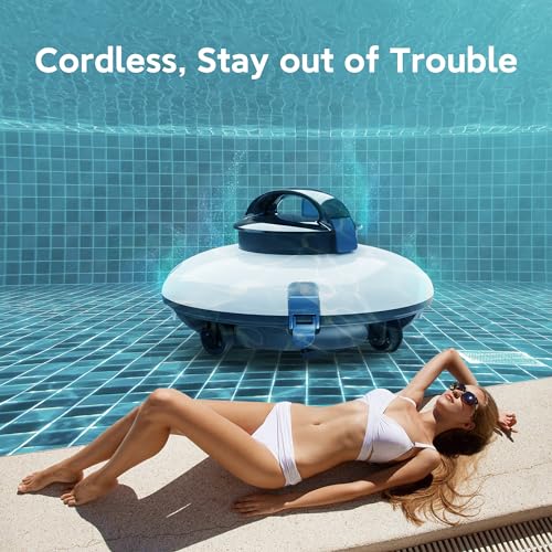 Lydsto Cordless Robotic Pool Cleaner, 120Mins Automatic Pool Vacuum, Stronger Power Suction Ideal Pool Vacuum for Inground or above Ground Pools White Blue