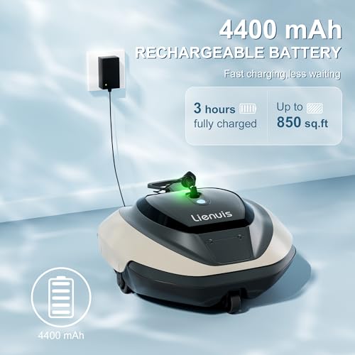 Lienuis Robotic Pool Cleaner, Pool Vacuum Robot for Up to 850 Sq.ft, 90 Mins Runtime, Cordless Pool Cleaner Robot with Powerful Suction, DirtLock Tech, Self-Parking,Pool Vacuum for Above Ground Pool