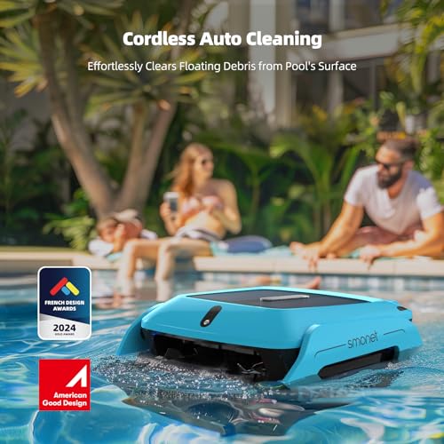 Robotic Pool Skimmer Cleaner Robot: SMONET Automatic Solar Powered Cordless Robotic Pool Cleaner for Swimming Pool Surface with Path Optimization Two Speed Modes Saltwater Compatibility SR5