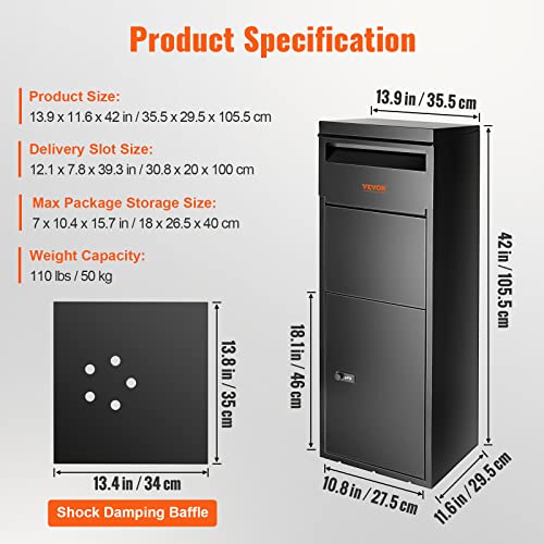 VEVOR Package Delivery Boxes for Outside 13.9"x11.6"x42", Galvanized Steel Delivery Box for Packages with Coded Lock, Anti-theft Baffle, IPX3 Waterproof Package Drop Box for Outside, Porch, Curbside