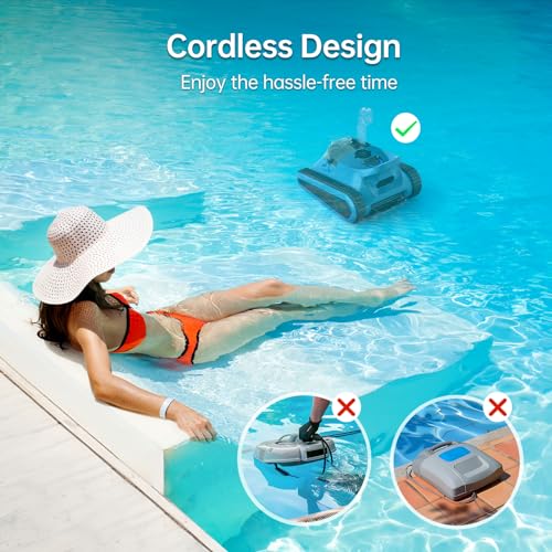 SMONET Cordless Pool Vacuum Robot: Automatic Robotic Pool Cleaner Lasts 150 Mins Wall Climbing 180W Powerful Suction LED Indicator Self-Parking for above Ground & Inground Pools Up to 2,000 sq. ft.