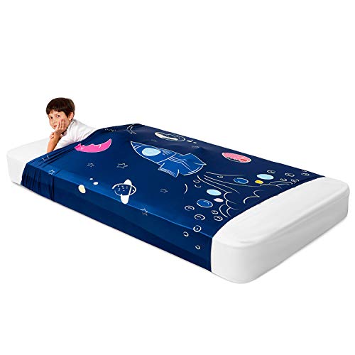 Sensory Compression Sheet for Kids, Twin Size Stretchy Bed Sheet with Breathable Fabric, A Smart Weighted Blanket Alternative, Mattress Fitted Bedding, Dream Rocket Ship Design