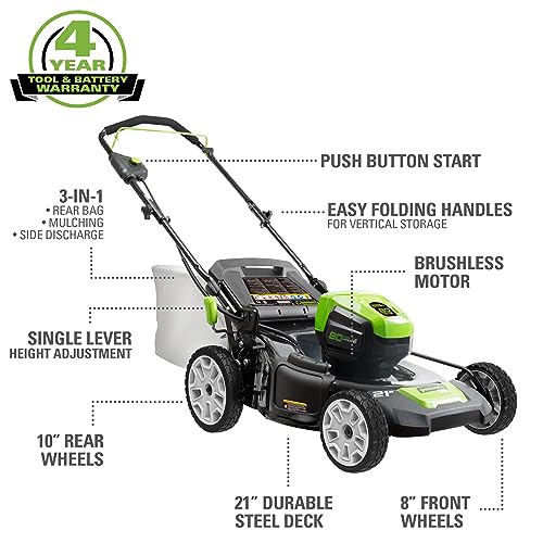 Greenworks 80V 21" Brushless Cordless (PUSH) Lawn Mower (75+ Compatible Tools), 5.0Ah Battery and Charger Included