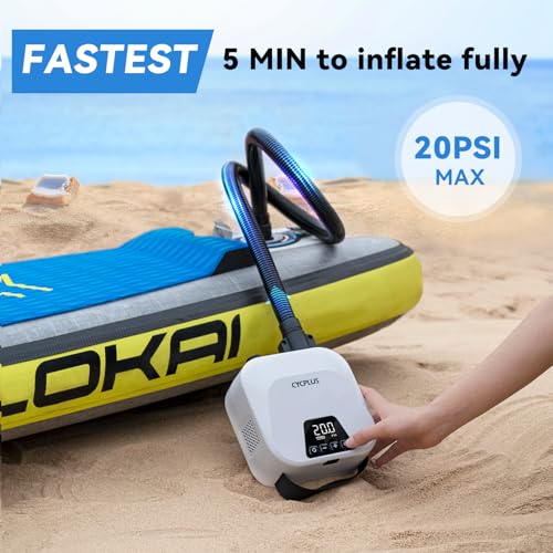 CYCPLUS 20PSI High Pressure Smart SUP Air Pump, Rechargeable Battery-powered, Intelligent Dual Stage Inflation & Deflation, Auto-Off Air Pump for Stand Up Paddle Boards,Surfing Kite, Tent, Mattress