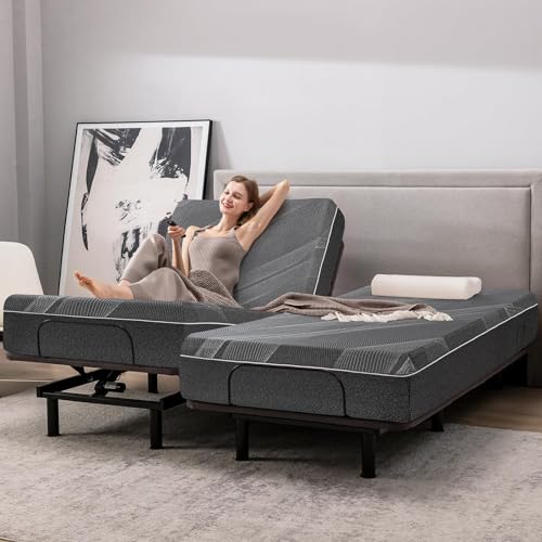 Vipbear Split King Adjustable Bed Base with Mattress, 14 Inch Gel Memory Foam Medium-Firm Mattress in Box, Adjustable Bed Frame, Wireless Remote, Massage, Easy Assembly, Electric Smart Bed, Grey