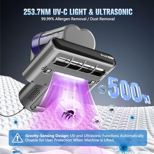 Mattress Vacuum Bed Vacuum Cleaner with UV-C Light,16Kpa Suction 500W Powerful and Double-Cup,Handheld Vacuums with Heating & Ultrasonic & Anion & Aromatherapy for Bed Dust Pet Hair(Corded,Purple)