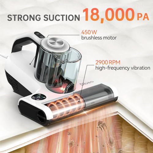 Dibea Handheld Mattress Vacuum, Upholstery Bed Vacuum Cleaner Machine, 18KPa Suction, 140℉ Heating, Smart Dust Sensor, Washable HEPA Filter, Deep Clean Dust, Debris on Couch, Fabric, Furniture