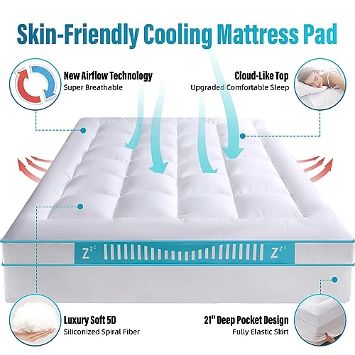 Extra Thick Mattress Topper Queen Size, Cooling Pillow top Mattress Pads Cover for Ultimate Comfort, Overfilled 1300 GSM Down Alternative Filling with 8-21 Inch Deep Pocket (60x80 in,White)