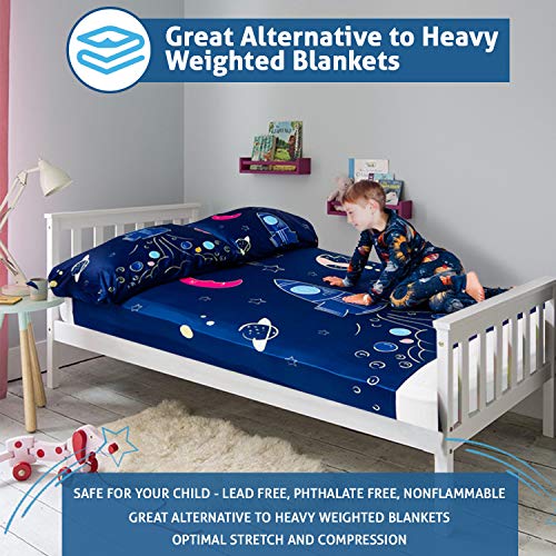 Sensory Compression Sheet for Kids, Twin Size Stretchy Bed Sheet with Breathable Fabric, A Smart Weighted Blanket Alternative, Mattress Fitted Bedding, Dream Rocket Ship Design